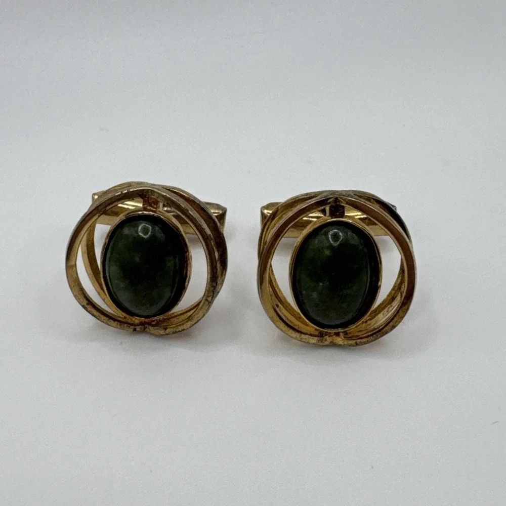 Vintage Sterling Silver T2 Green Cabochon Modernist Cufflinks Gold Wash Mens